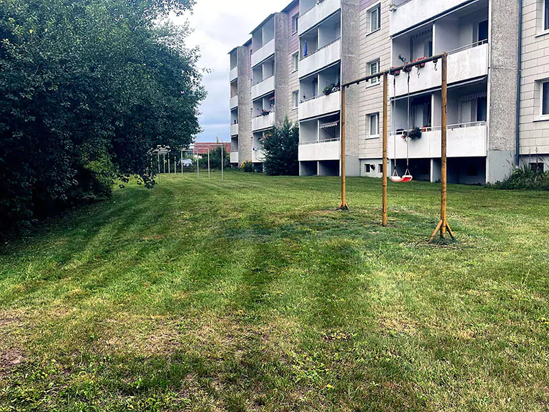 Ein frisch gemähter Rasen vor einem Mehrfamilienhaus